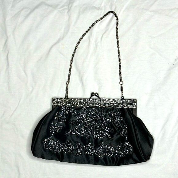Black Satin Evening Bag Clutch Dark Blue Beading - Picture 1 of 10